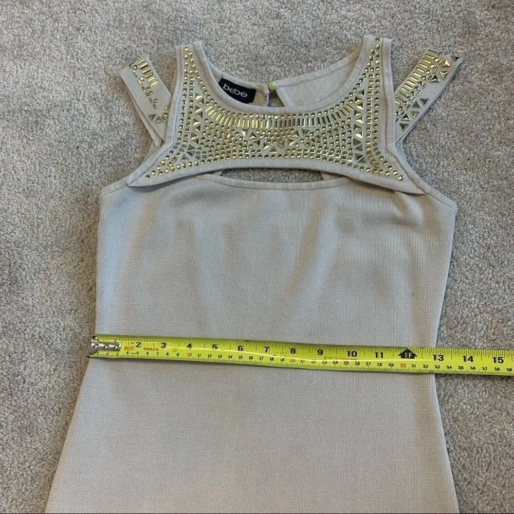 BEBE tan gold embellished bandage dress Sz medium - Picture 10 of 10